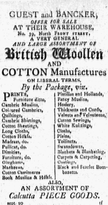 Advertisement for Guest and Bancker from Poulson's American Daily Advertiser Phila 12-04-1809